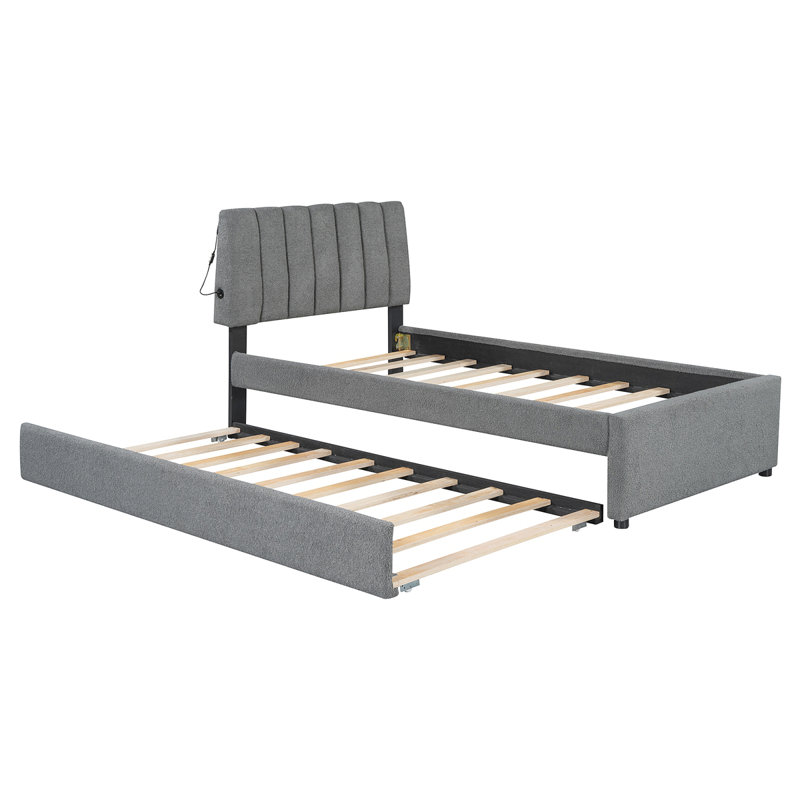 Lit plateforme tapissier Teddy, Gris, Lit simple