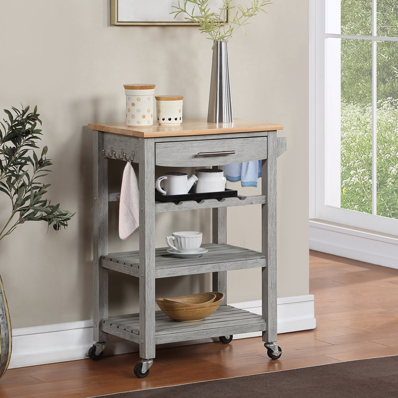 Michelle 4 Tier Butcher Block Kitchen Cart with Drawer and Wine Rack, Wirebrush Light