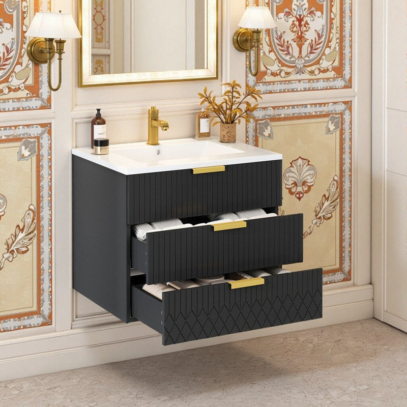 24-Inch Wall-Mounted Floating Bathroom Vanity With Ceramic Sink & Double Drawer, No-Faucet Included, Black