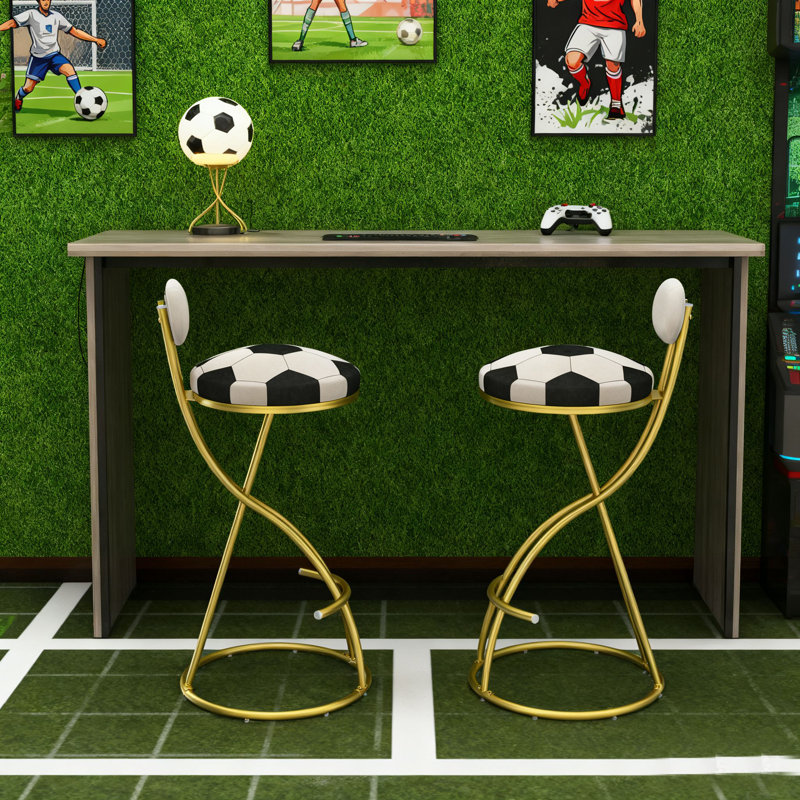 Set of 2 Modern Bar Stools with Metal Frame and Striped Velvet Upholstery, White, Gold