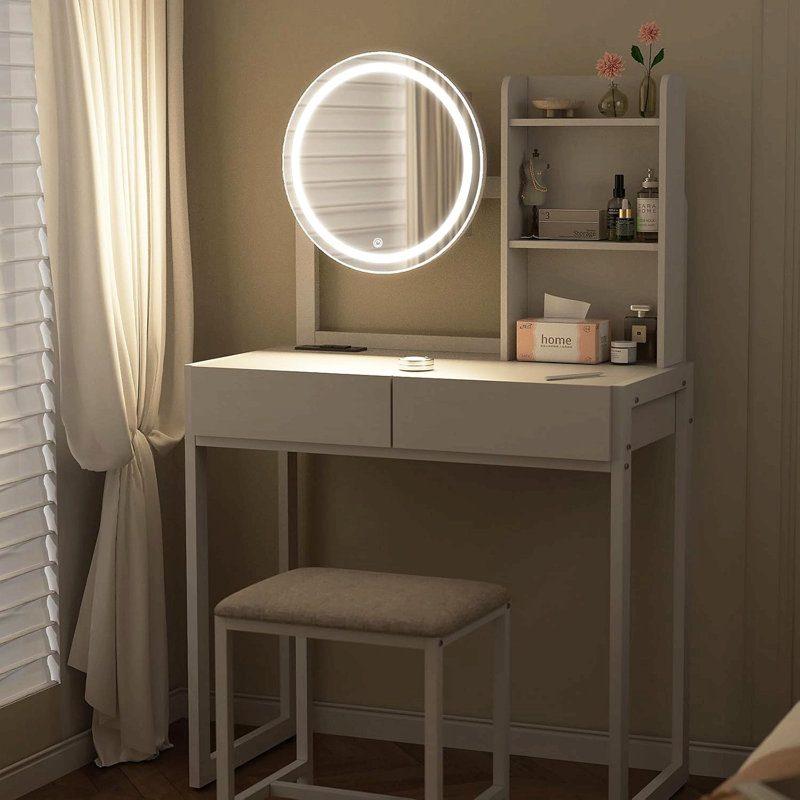 Small Vanity Desk With Mirror And Lights, Makeup Vanity Table With Led Mirror, 3 Lighting Modes, Power Outlet, Drawer, Open Shelves And Cushioned Stool For Bedroom