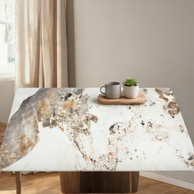 Table de salle à manger rectangulaire en pierre frittée au fini beige, surface résistante à la chaleur, pouvant accueillir 4 personnes, idéale pour la cuisine et la salle à manger