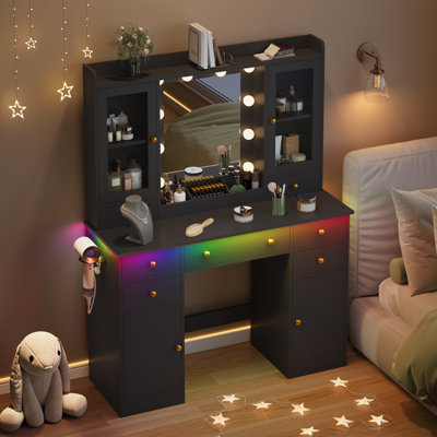 Modern Makeup Vanity with LED Mirror & Charging Station, 43.7" Dressing Table with 7 Drawers and Glass Display Cabinets