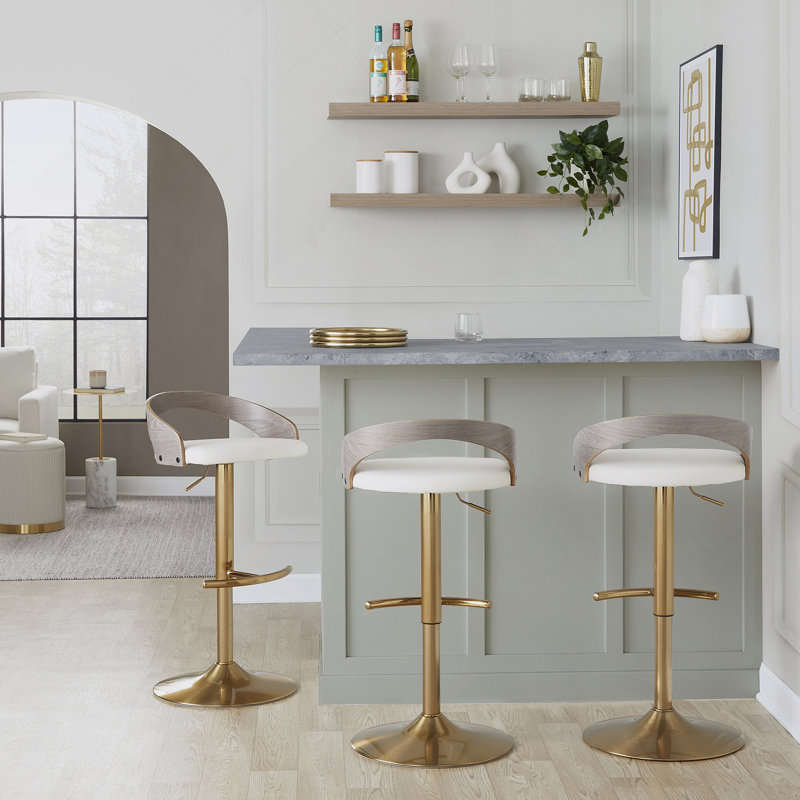 Tabouret de bar réglable avec pivot en métal doré, bois gris clair et similicuir blanc avec repose-pieds arrondi en T - ensemble de 3
