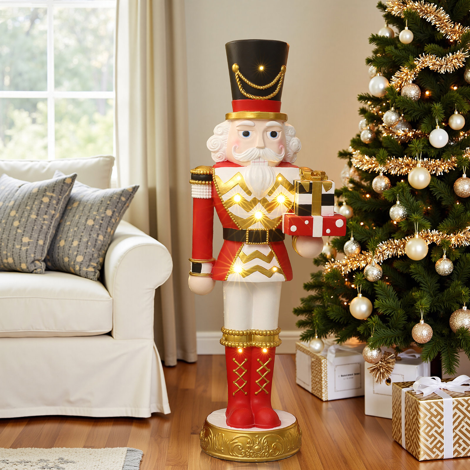 Lighted Red Nutcracker Soldier with Presents, Battery Operated Holiday Decoration, 48.43" H x 17.72" W x 12.99" D