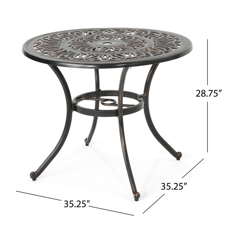 Table de salle à manger d'extérieur ronde en fonte d'aluminium, cuivre brillant
