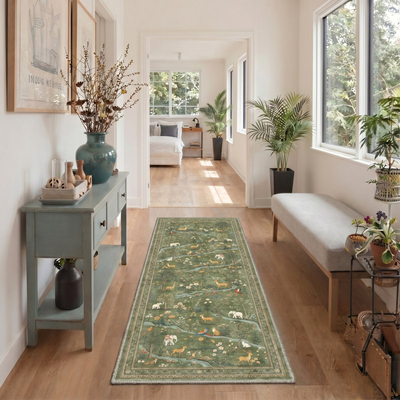 Fawnwood Rustic Machine Washable Green Indoor Area Rug with Non-Slip Backing, Runner 2'3" x 6'