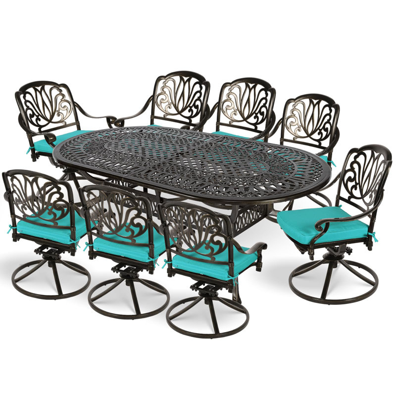 Oval 8 - Person 84'' Long Dining Set with Cushions, Ocean Blue