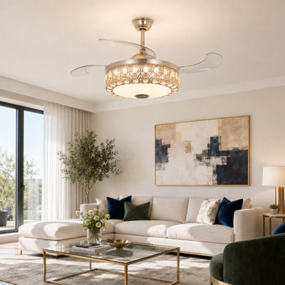 Contemporary Glam Crystal 42-Inch Ceiling Fan with Light and Bluetooth Speaker,Retractable Blades