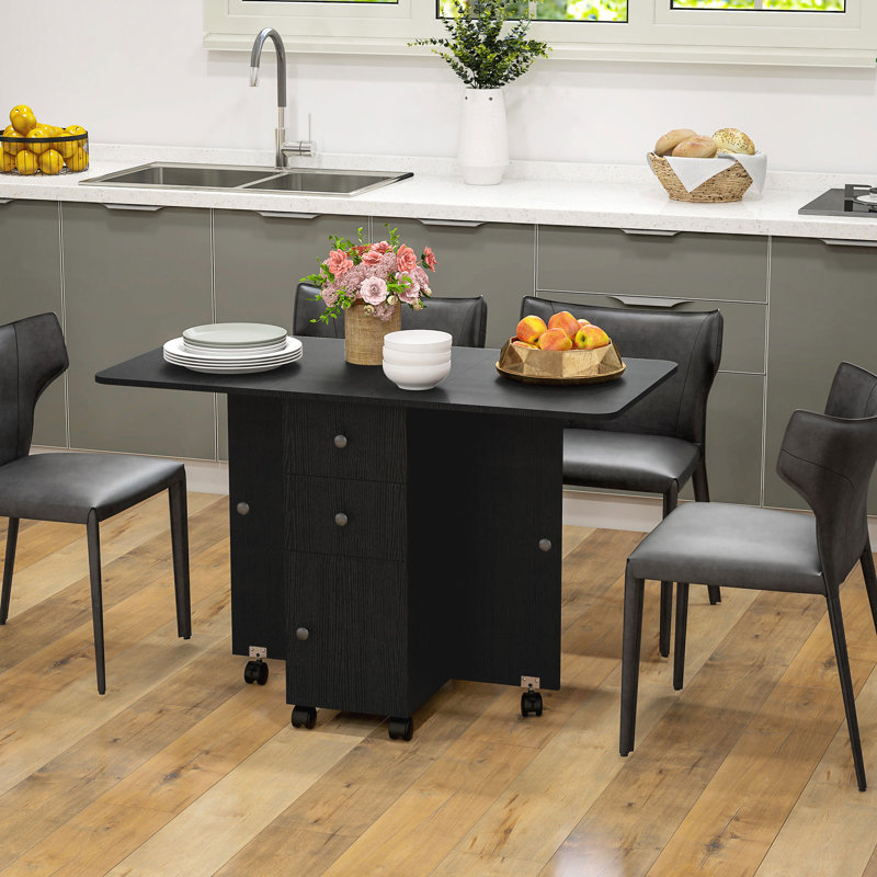 Table de salle à manger pliable, table de cuisine roulante avec tiroirs, armoire, Noir