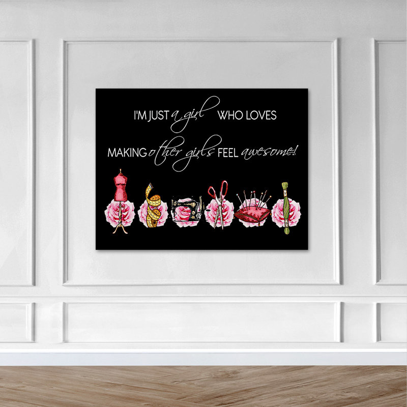Outils de couture sur des roses - Une fille qui aime faire d'autres filles se sentir impressionnante - 1 pièce, impression d'art graphique rectangulaire sur toile tendue