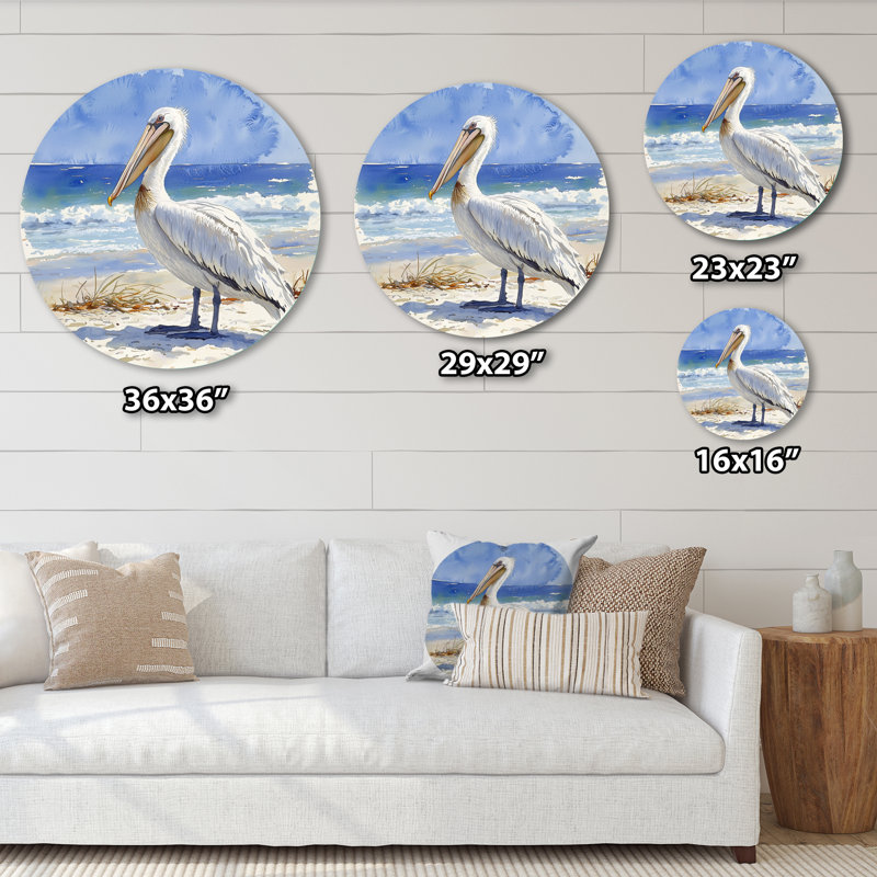 «Soaring Solitude Pelican By The Sea II - Heron», art mural rond en métal blanc moderne, H 16 po x l 16 po