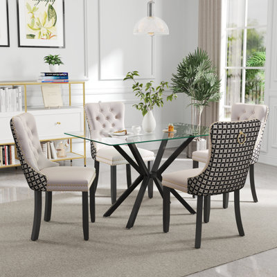 Modern Rectangle Tempered Glass Pedestal Dining Set with Velvet Tufted Dininig Chair