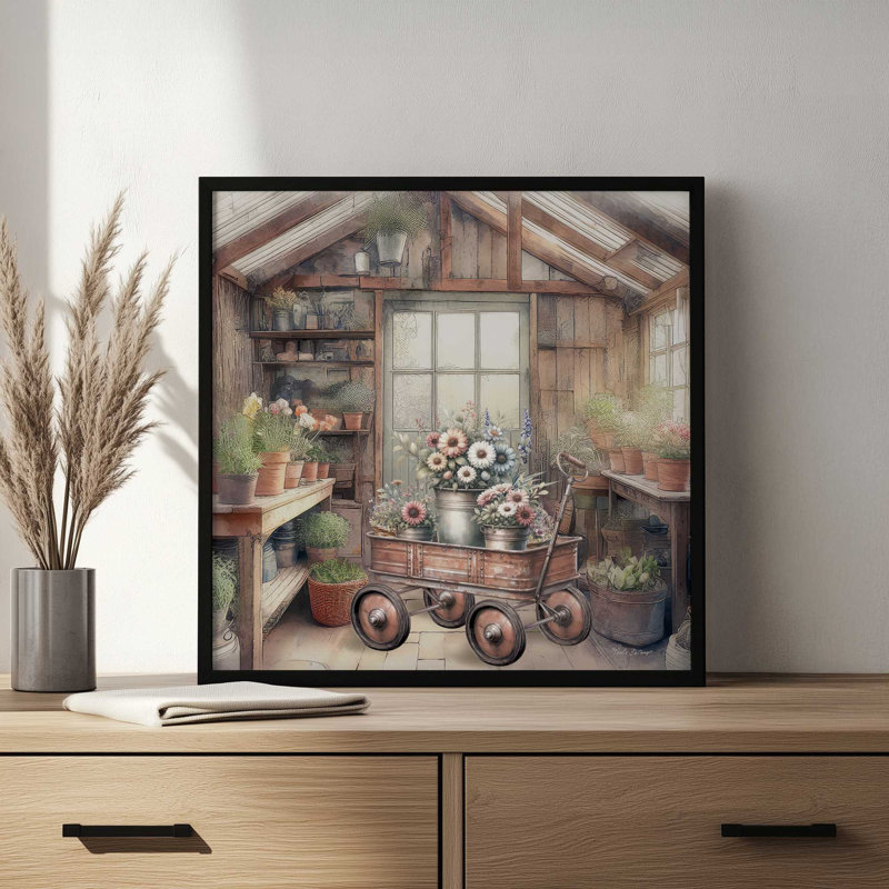 «In the Garden Wagon Floral» par Nicole DeCamp, reproduction d'art, L 20 po x H 20 po, Impression encadrée, Blanc