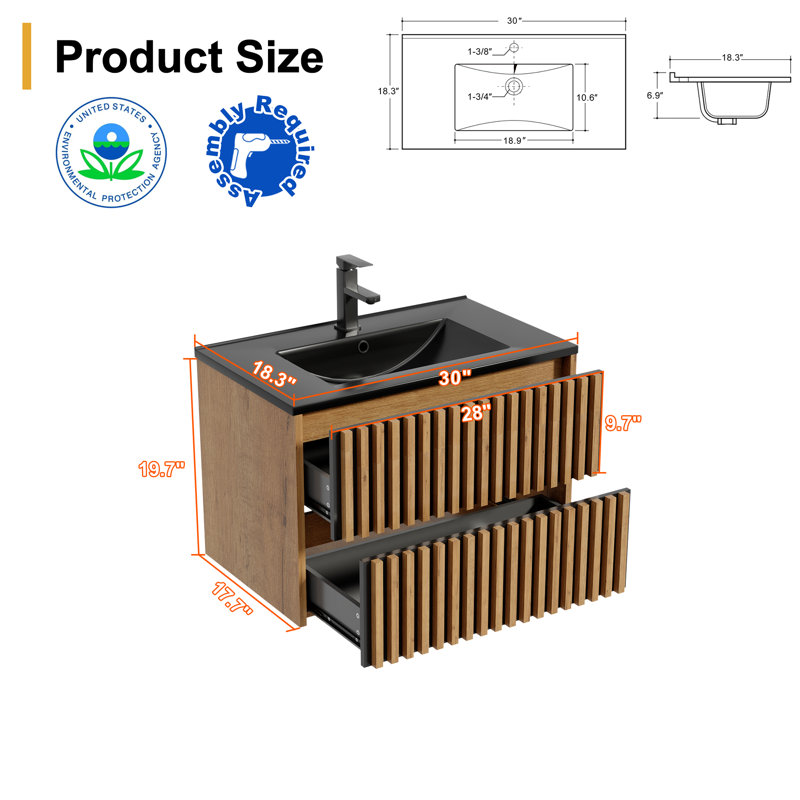 30" Wall Mounted Bathroom Vanity Set With Sink Top, Faucet And Drain, Floating Cabinet, Oak