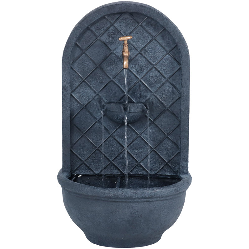Lutterworth Weather-Resistant Polystone Solar Wall Water Fountain with Battery Backup - Lead, Dark Gray