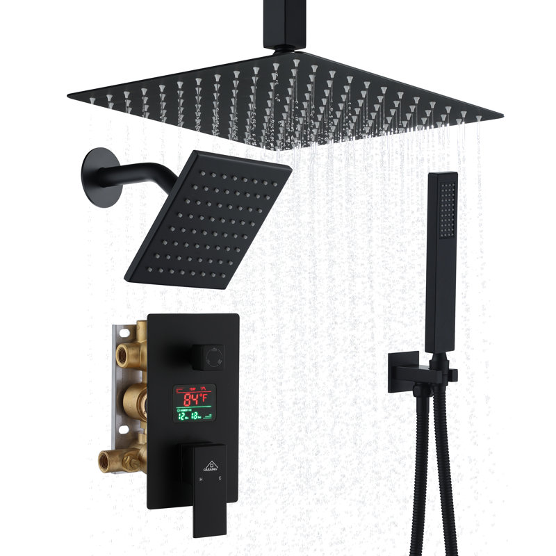 Rainfall Symphony Dual Shower Head Pressure-Balanced Complete Shower System with Digital Display, Matte Black