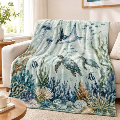 1Pcs Ocean Theme Watercolor Blanket - Vivid Sea Life Design;Plush and CozySingle-Sided PrintPerfect for Sofa BeddingGreat Teens AdultsIdeal Indoor Outdoor UseA Unique Decorative Addition. Bedding and sofa items