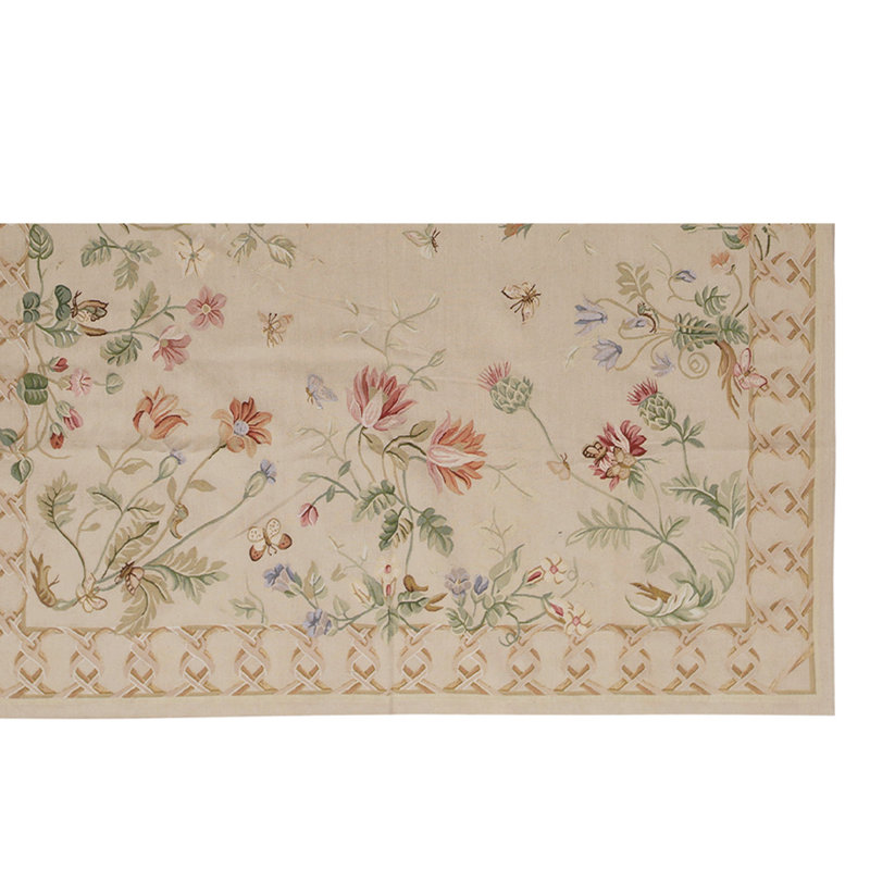 Tapis unique noué à la main beige / vert / brun de haute qualité