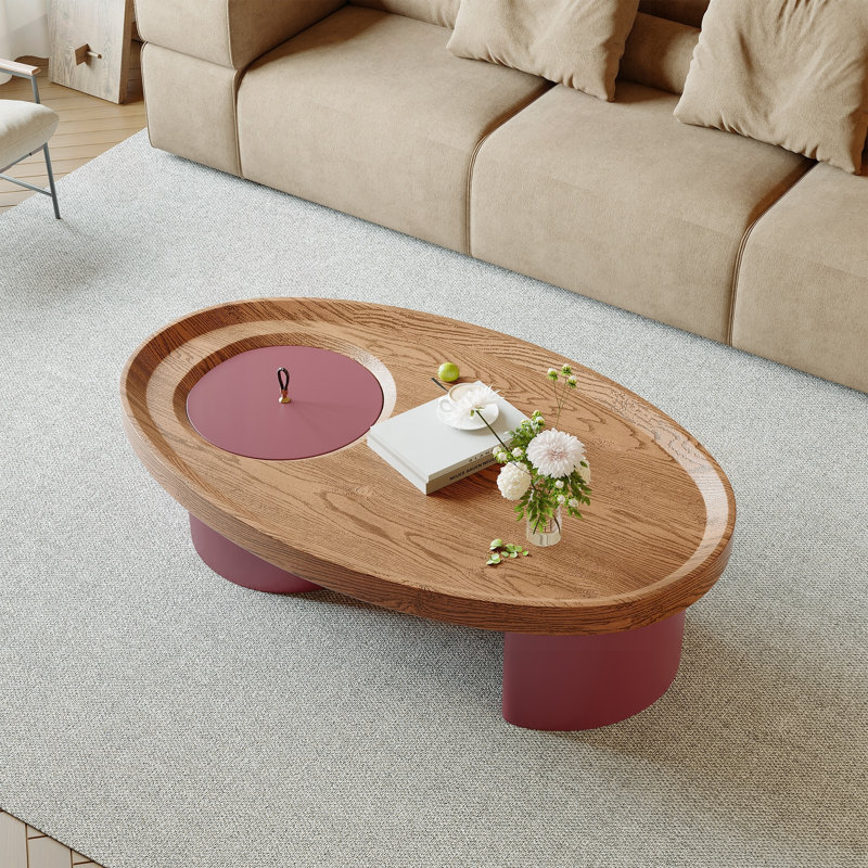Oval Coffee Table with Red Leg Storage and Walnut Top