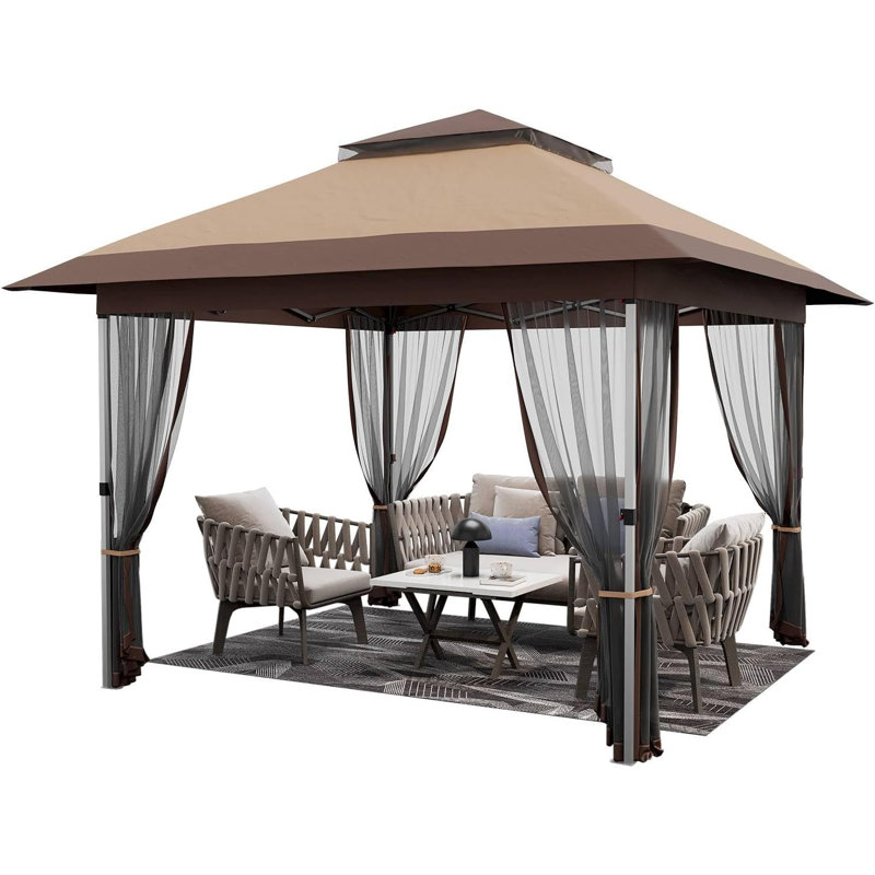 12x12 Pop up Gazebo with Mosquito Netting, Metal Frame Canopy with Double Roof, Outdoor Canopy Tent with Portable Carrying Bag, Party Tent for Garden