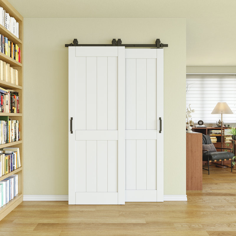 Portes de grange doubles à panneaux en bois manufacturé avec ensemble de quincaillerie, 52 po x 84 po