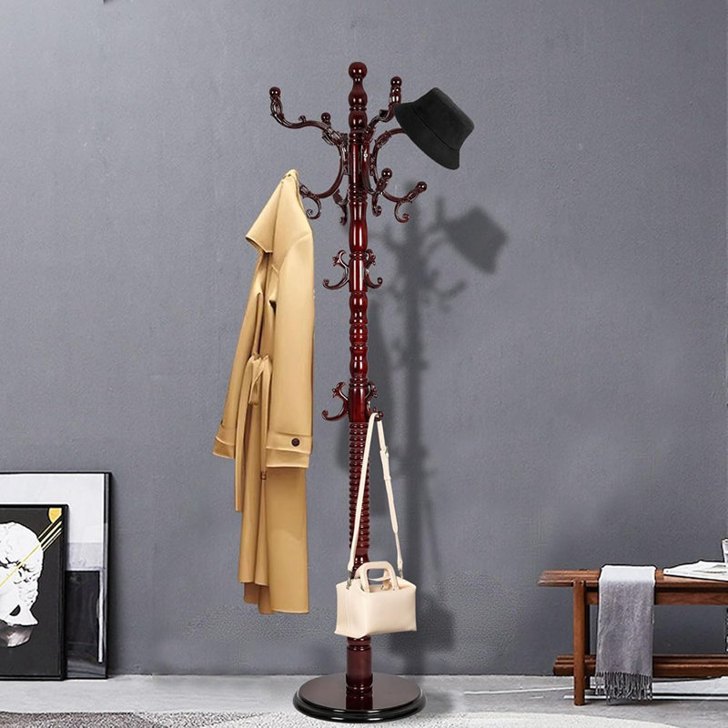 Portemanteau autoportant en bois - Portemanteau réglable en hauteur avec 14 crochets et base ronde solide [Brun rougeâtre] - [Bois / Moderne / Autoportant]