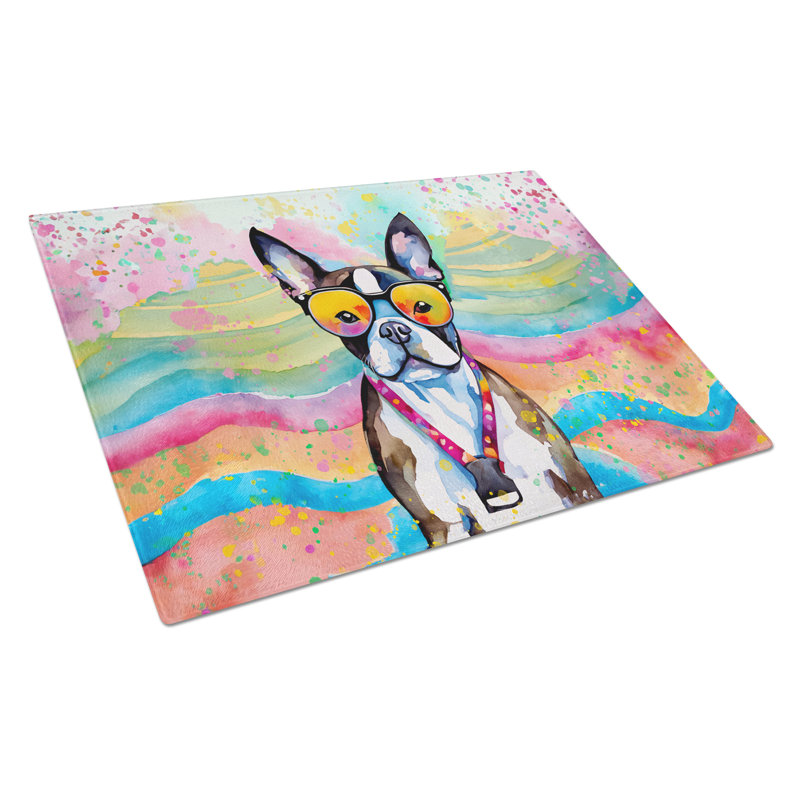 Boston Terrier Hippie Dawg Glass Cutting Board Large