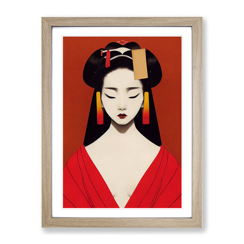 Symmetrical Geisha No.1 - Wall Art, 48cm H x 36cm W, Oak Framed Paper, White