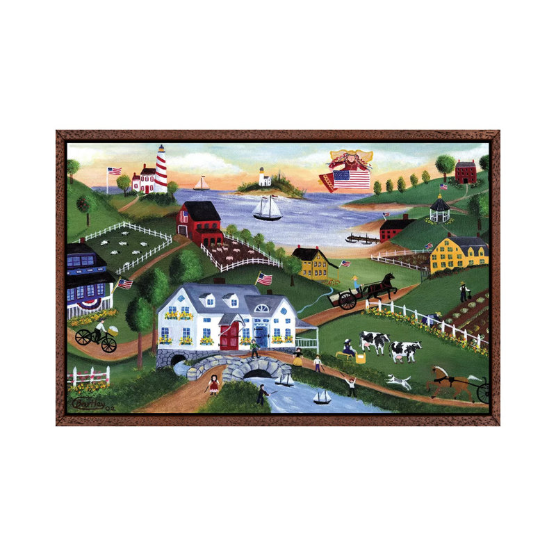 American Folk Art Seadise With Angel by Cheryl Bartley - Painting on Canvas, Classic Brown Wood Framed