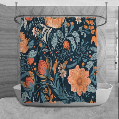 Floral Shower Curtain Botanical Bath Mat Blue Bathroom Decor