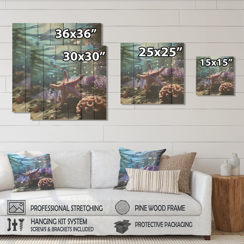 Beachside Coral Starfish Photo IV - Beach On Wood Print, 36" H x 36" W