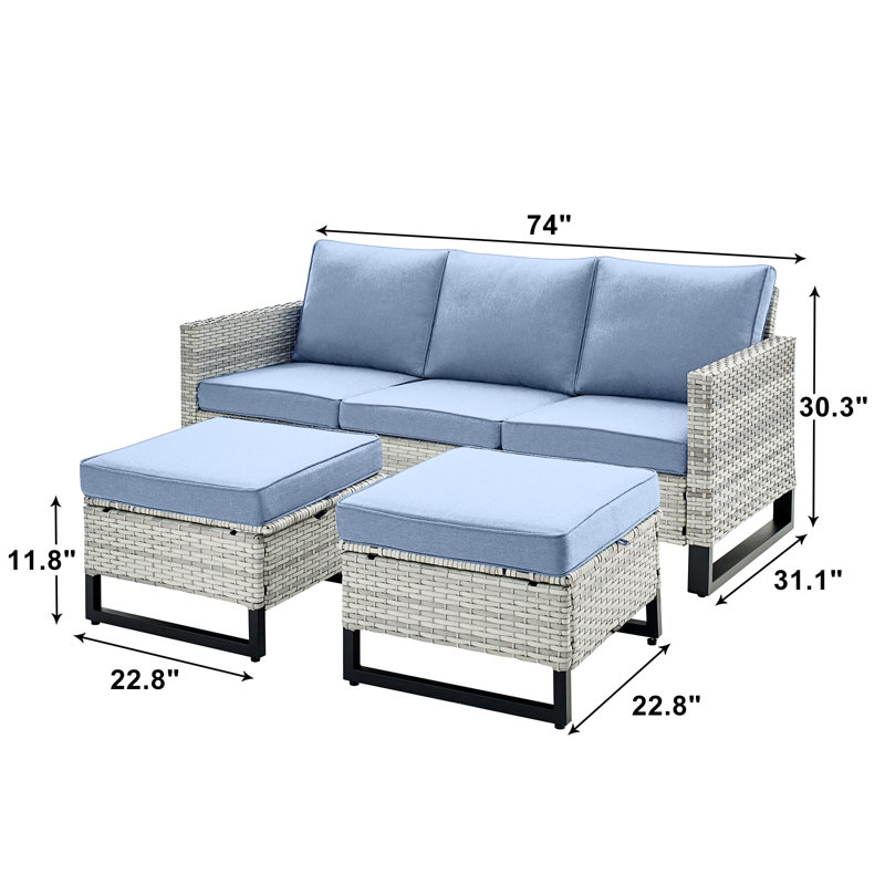 Canapé d'extérieur réversible de 74 po de largeur avec coussins Ingvald, Bleu pastel