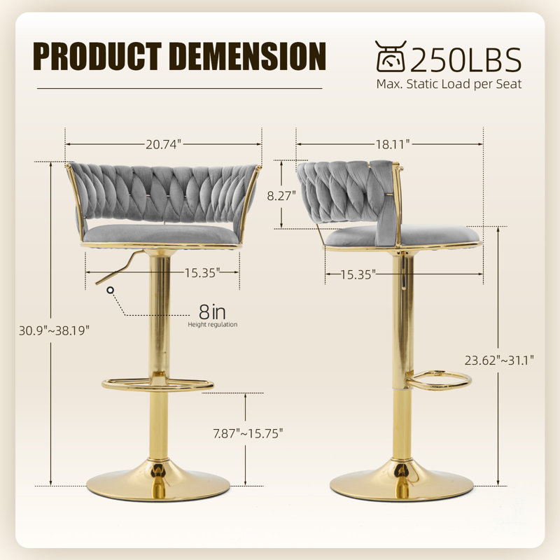Tabourets de bar pivotants à hauteur réglable, Gris