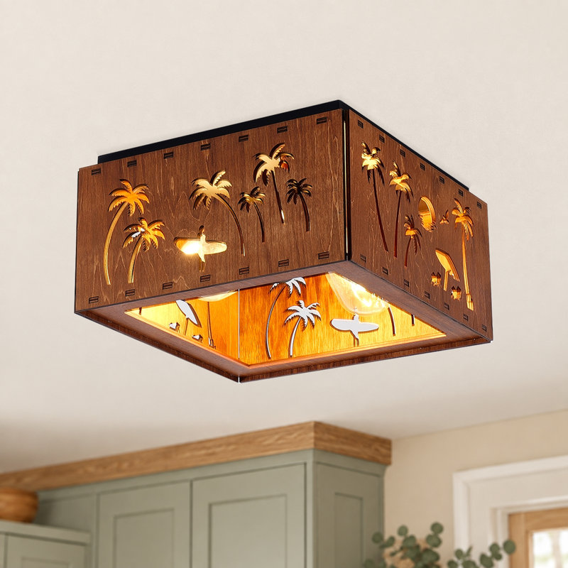 Plafonnier rustique en bois à 2 lumières avec découpes décoratives