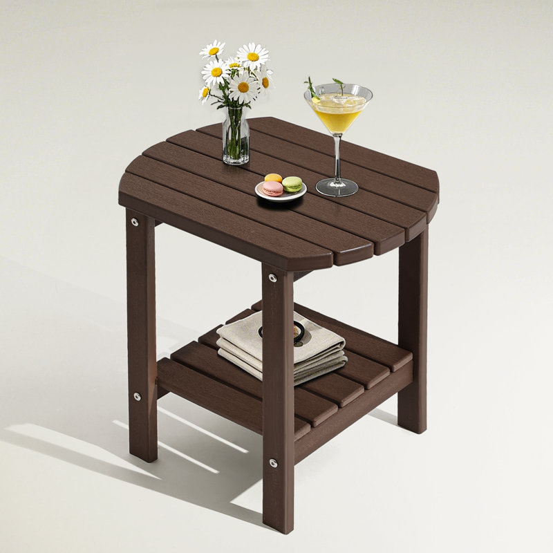 17 in. 2-Tier Oval HDPE Outdoor Side Table, Brown