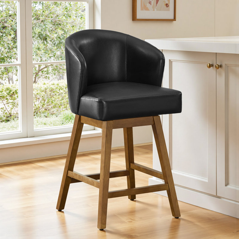Tabouret de bar pivotant à 360 ° avec base en bois d'hévéa massif, confort à ressorts, capacité de 350 lb, Noir