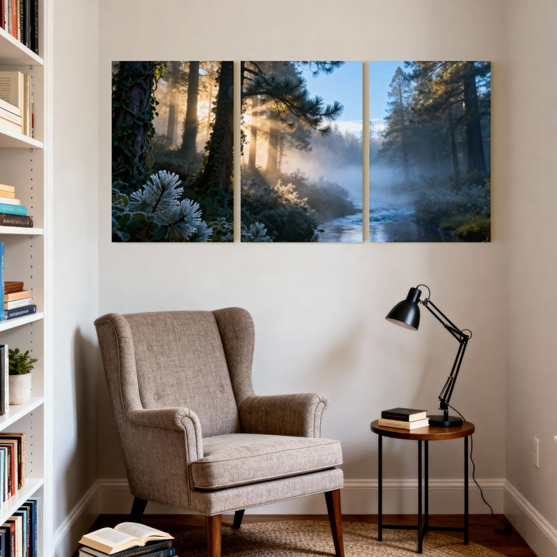 Scénario et paysages urbains Sunlit Forest Stream Misty Morning Glow, ensemble de 3 impressions sur toile, H 18 po x l 36 po