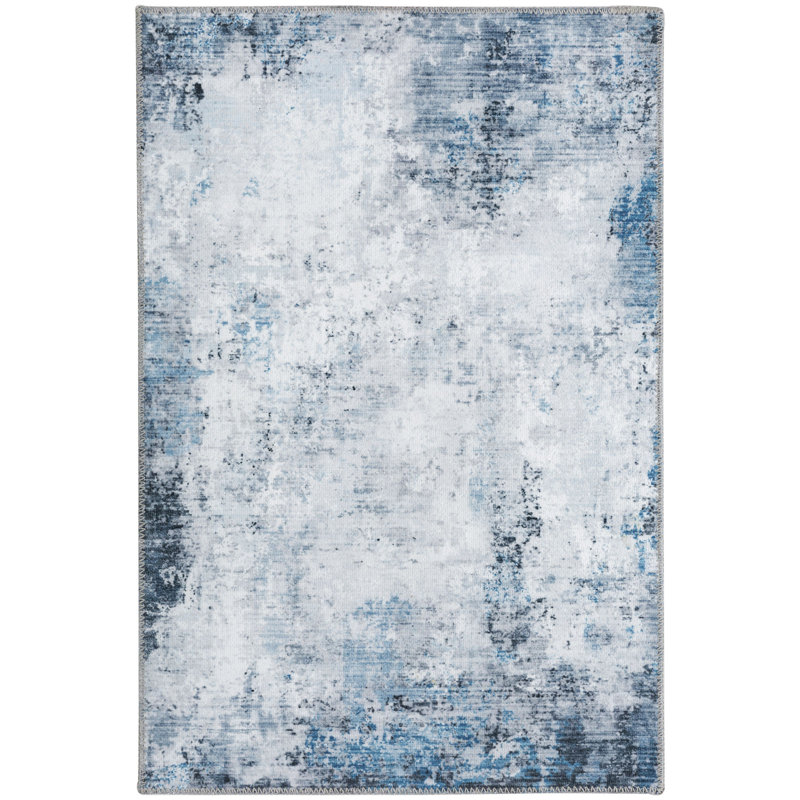Blue/White Machine Washable Modern Abstract Polyester Area Rug, Rectangle 8' x 10'