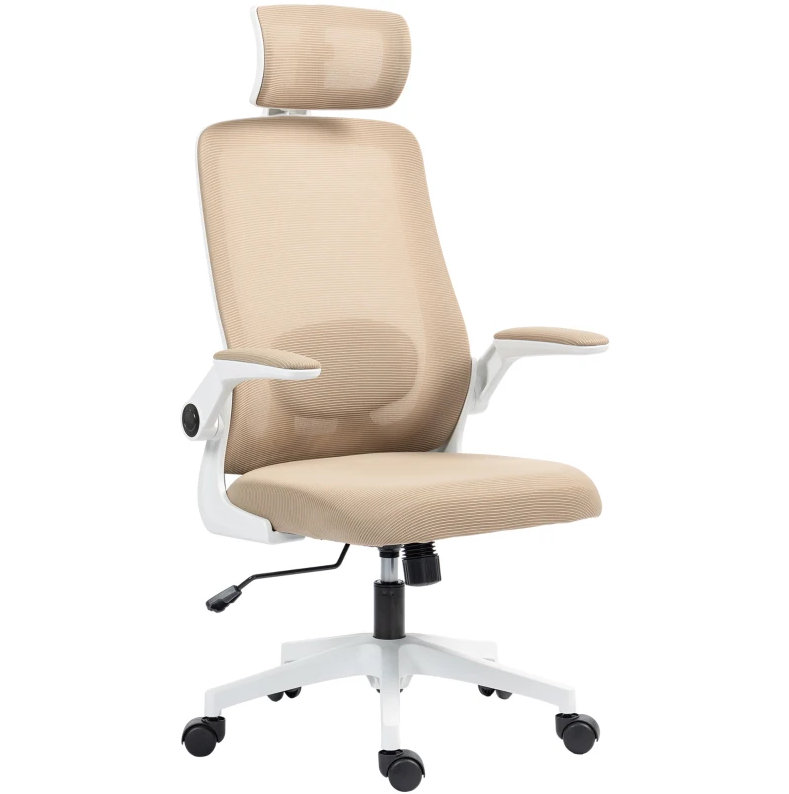Ergonomic Desk Chair With Flip-Up Armrest,Mesh Office Chair,Rotatable Headrest, Adjustable Lumbar Support, Light Khaki, White