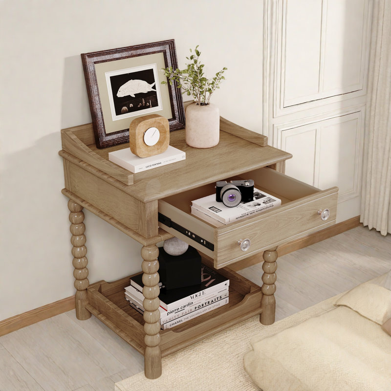 Retro Style Nightstand With 1 Drawer, An Open Shelf, Turned Legs And Metal Handles