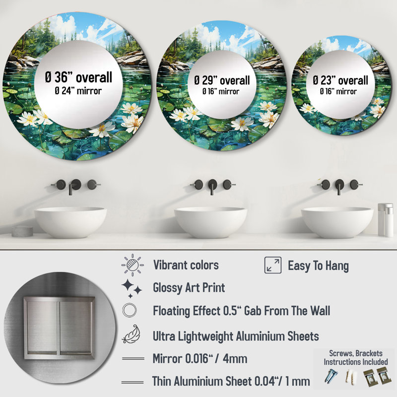 «Canada Lakeside Tranquility I - Canada», miroir mural rond vert, reproduction d'art en métal, 23 po x 23 po