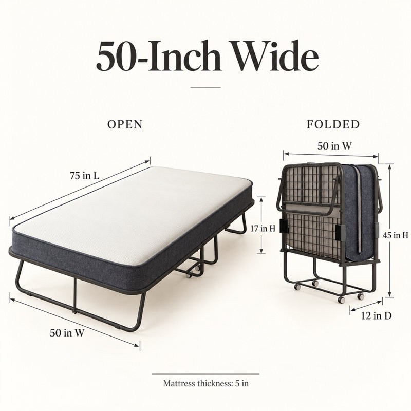 Full  Folding Bed with 5" Memory Foam Mattress & Lockable Wheels, Full