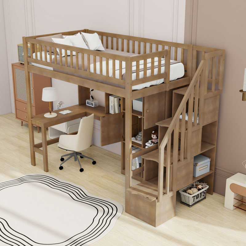Lit mezzanine simple en bois avec tablettes, bureau, lumières DEL et escalier de rangement, Noyer