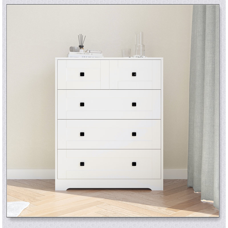 Commode à 5 tiroirs avec porte coulissante de style campagnard, rangement spacieux et finition blanche moderne pour une utilisation polyvalente
