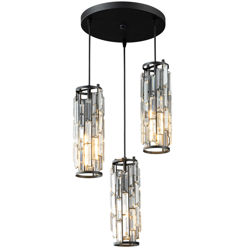 Luminaire suspendu cylindrique à 3 lumières à intensité variable avec accents de cristal, Noir, Trois lumières