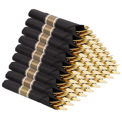 60 Pack Gold Silverware, Rolled, Pre Wrapped With Black Napkins, Heavy Duty Plastic Cutlery, Forks And Spoons