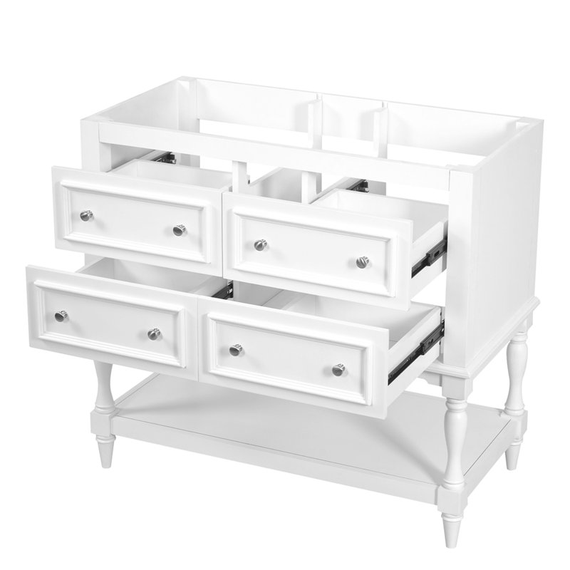 Armoire de salle de bain 36 po, ensemble de meuble-lavabo autoportant avec 4 tiroirs, structure en bois massif, blanc, Blanc