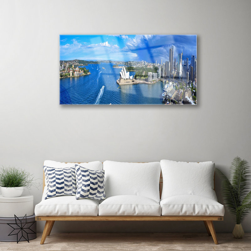 Glass Print Wall Art 100X50cm Image Printed On Glass Decorative Wall Picture Behind Toughened / Tempered Safety Real Glass For Kitchen & Living Room Theme: Sea Town Houses