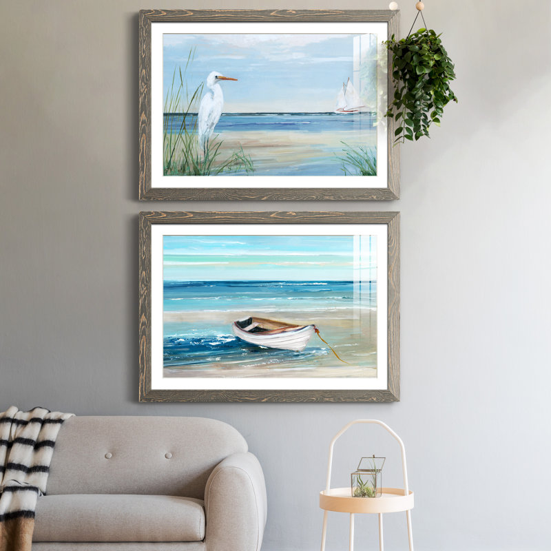 Summer Heron - Ensemble de 2 peintures sur papier encadrées, Cadre en papier gris, H 27,5 po x l 37,5 po x P 1 po